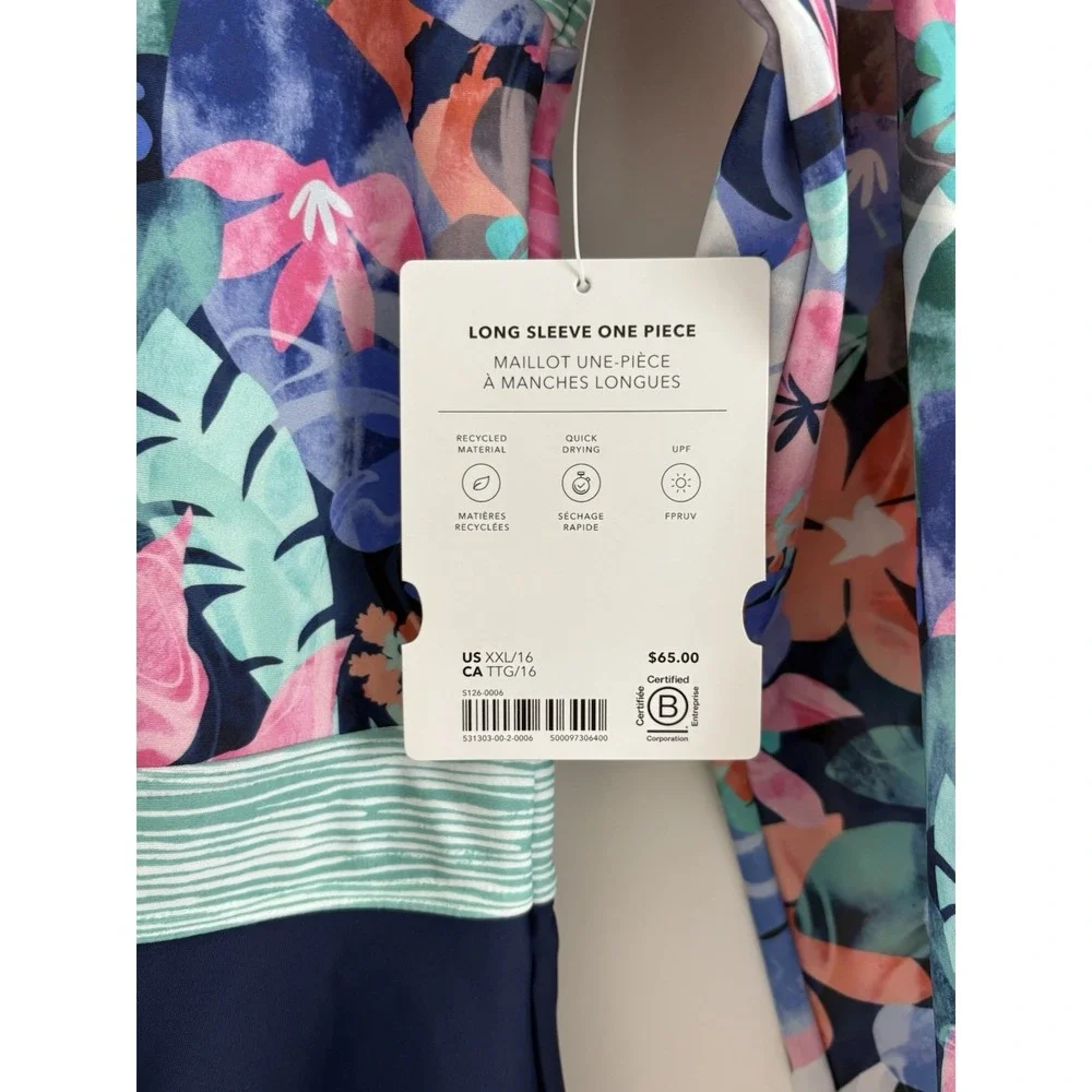 Athleta Girl Girls Sz XXL 16 Long Sleeve One Piece Swimsuit Zip Up Floral Print